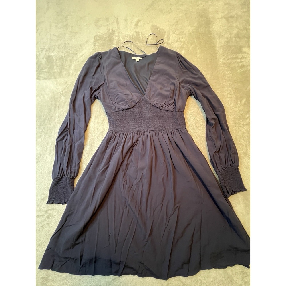 Gianni Bini GB Womens Dress Large Navy Long Sleeve Mini Smocked Waist Fit Flare
